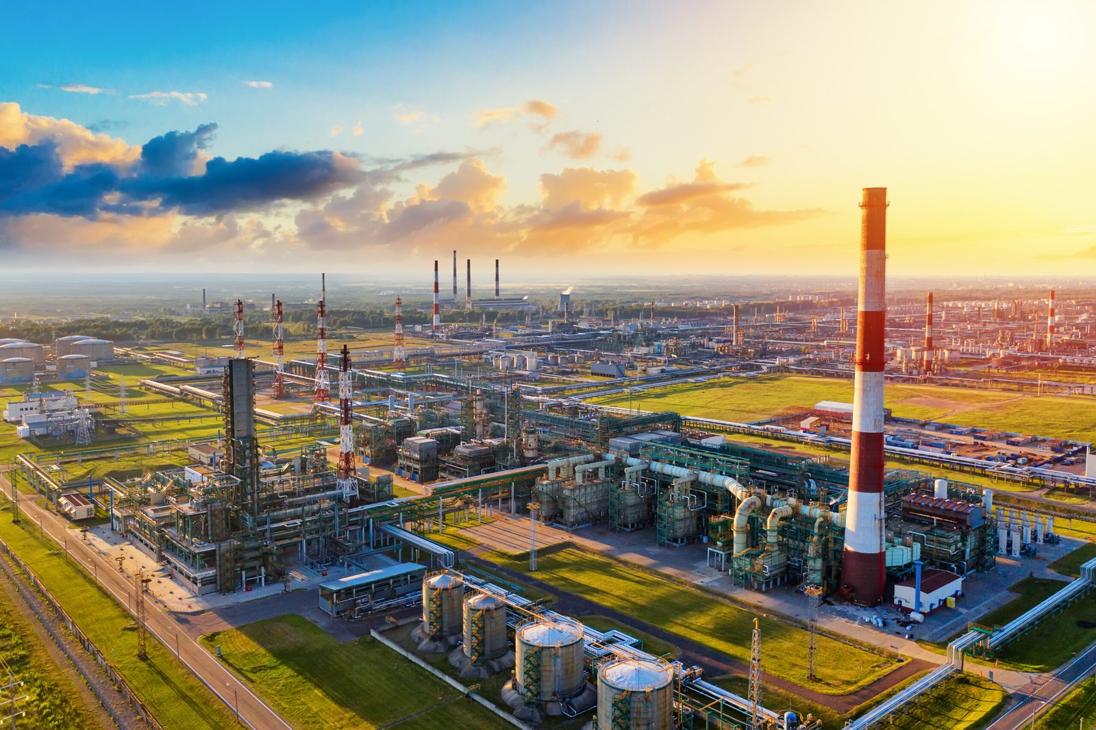 Aerial drone view of petrol industrial zone or oil refinery in Yaroslavl, Russia during sunset time.